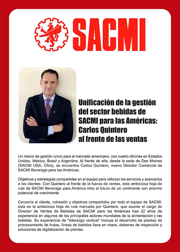 Unificación de la gestión
del sector bebidas de
SACMI para las Américas